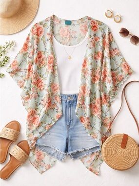 Color of Love Floral Kimono Duster Boho Lightweight Cover Up Large